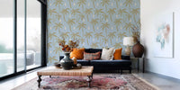 Home using Boho Coastal Wallpaper with warm palm shapes on blue