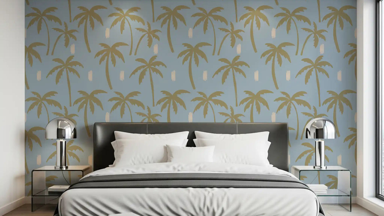 Bedroom with Soft Blue Palm Tree wallpaper and oversized tropical silhouettes