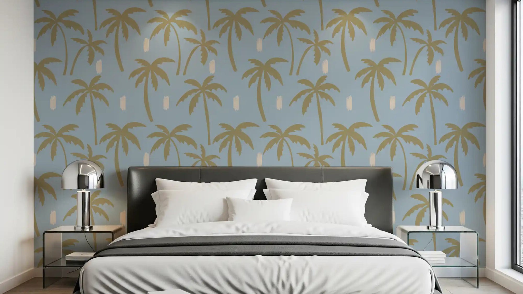 Bedroom with Soft Blue Palm Tree wallpaper and oversized tropical silhouettes