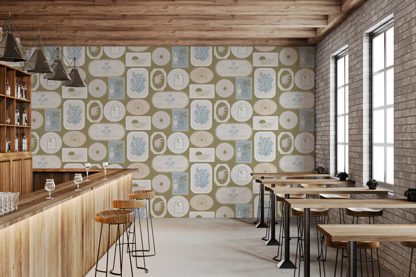 Cafe area wallpaper with Olive Green Coastal surf and palm artwork