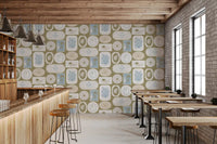 Cafe area wallpaper with Olive Green Coastal surf and palm artwork
