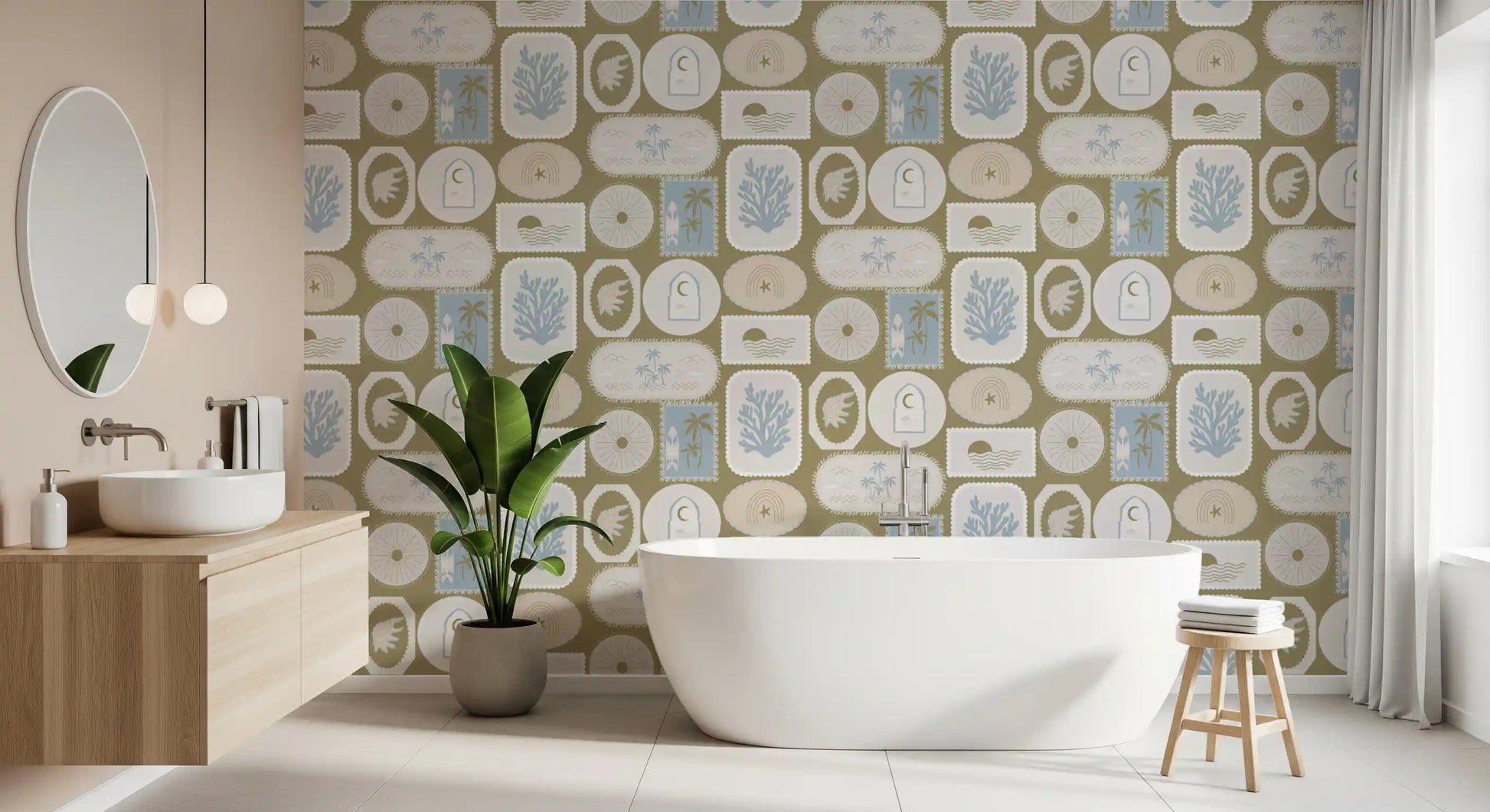 Beach panel wallpaper with shell artwork, wave lines, and muted olive tones