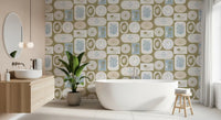 Beach panel wallpaper with shell artwork, wave lines, and muted olive tones