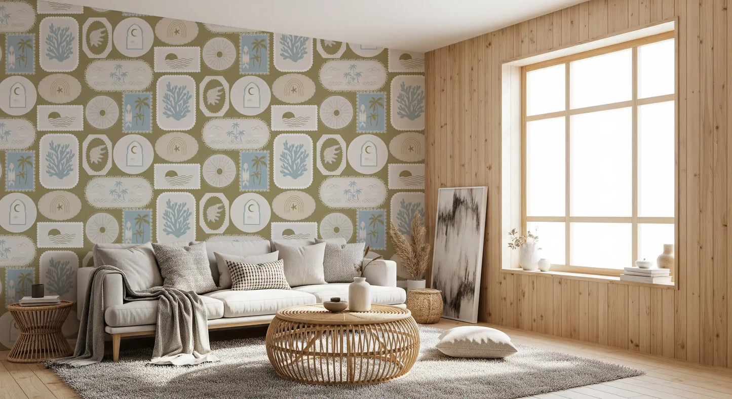Olive Green Coastal Frame Wallpaper with framed beach symbols and arches