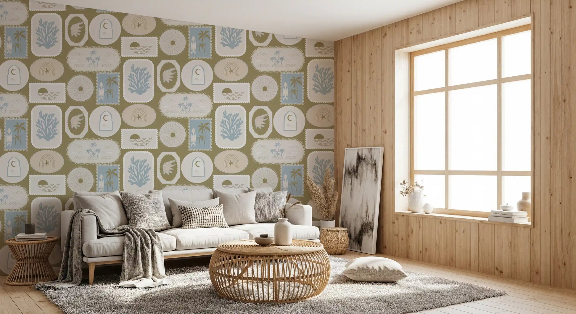 Olive Green Coastal Frame Wallpaper with framed beach symbols and arches
