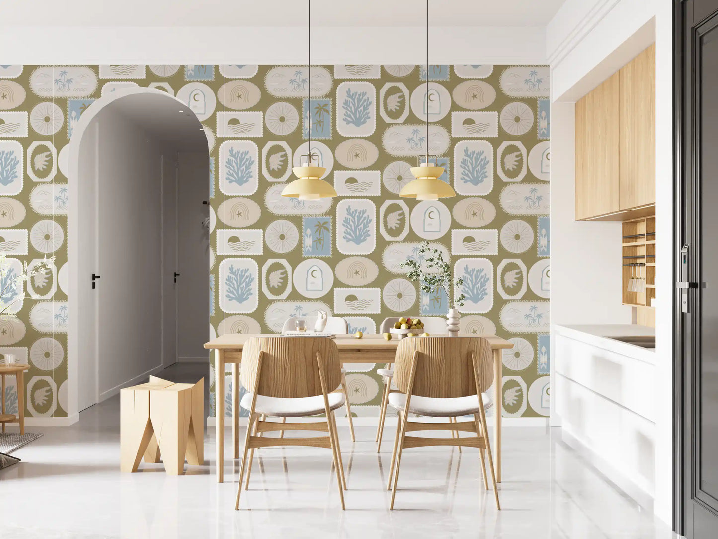 Dining room wallpaper featuring Tropical Frame Wallpaper and coral shapes