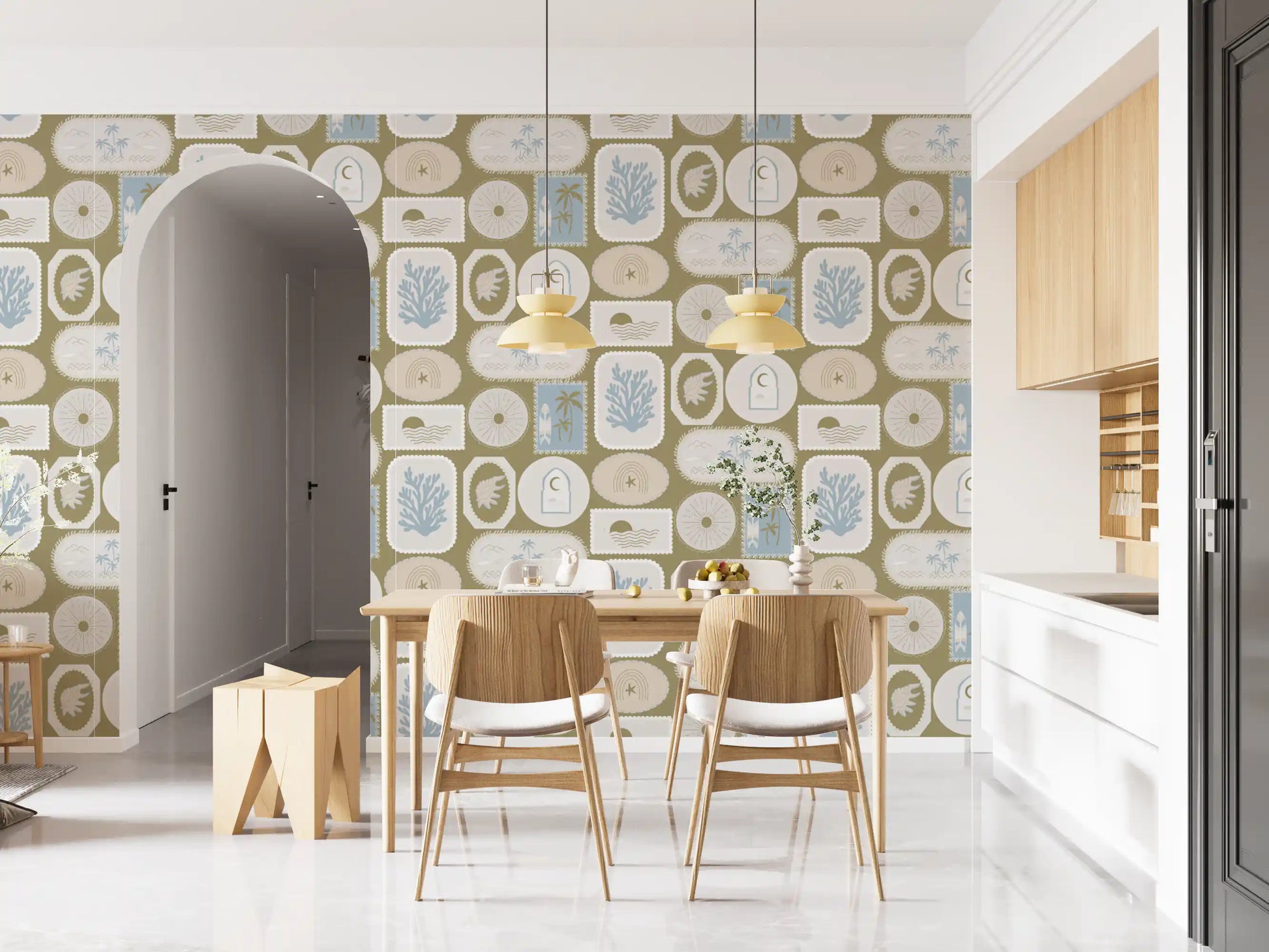 Dining room wallpaper featuring Tropical Frame Wallpaper and coral shapes