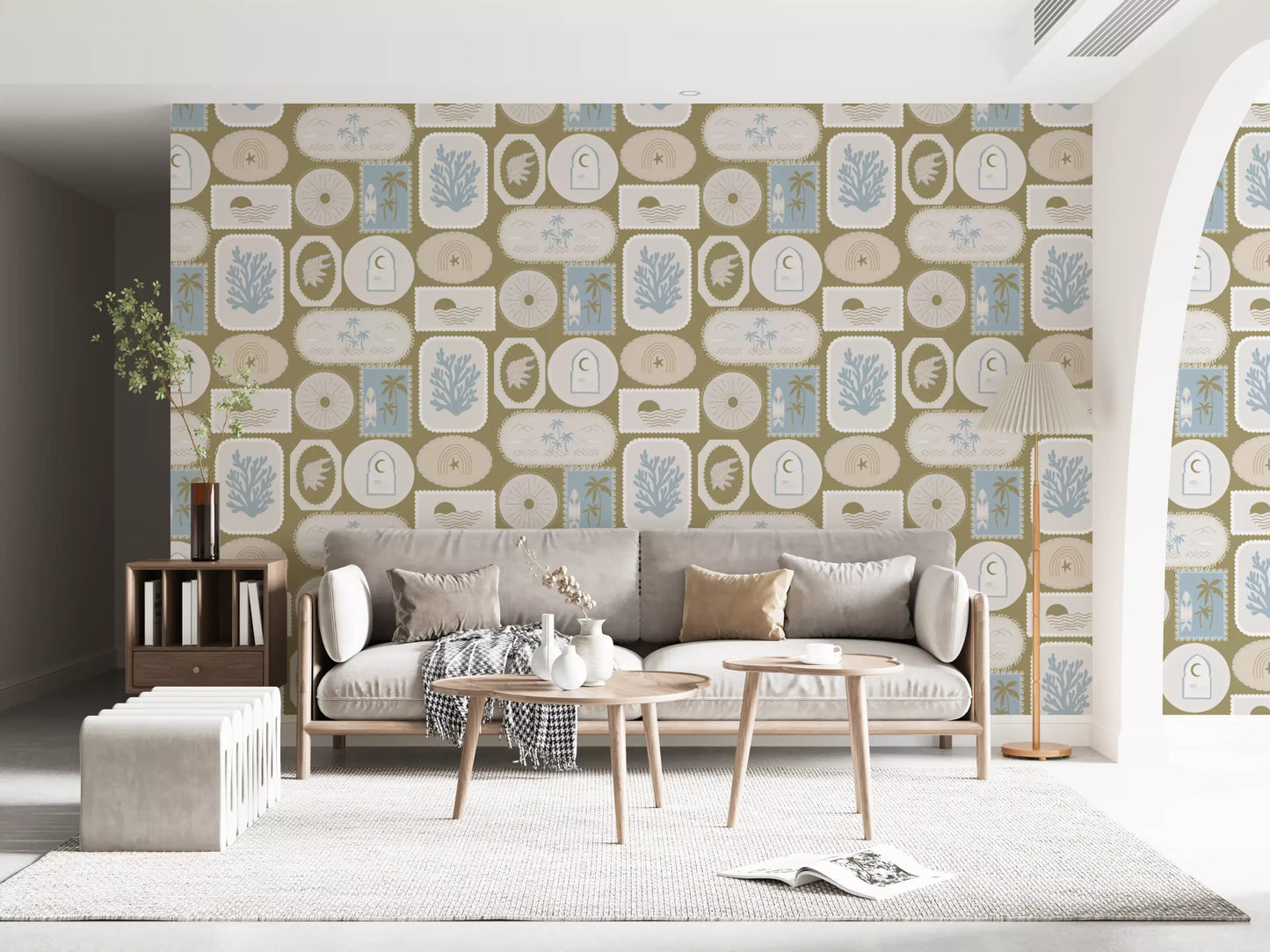 Olive tropical wallpaper featuring surfboard panels and calm scenic icons