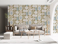 Olive tropical wallpaper featuring surfboard panels and calm scenic icons