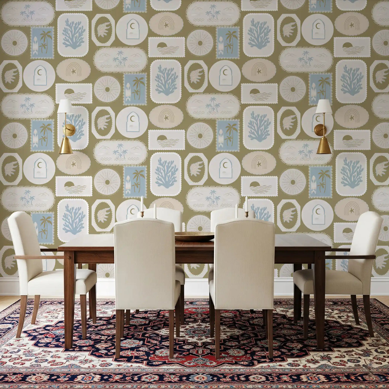 Dining room wallpaper with Olive Green Coastal Frame panels and palm scenes