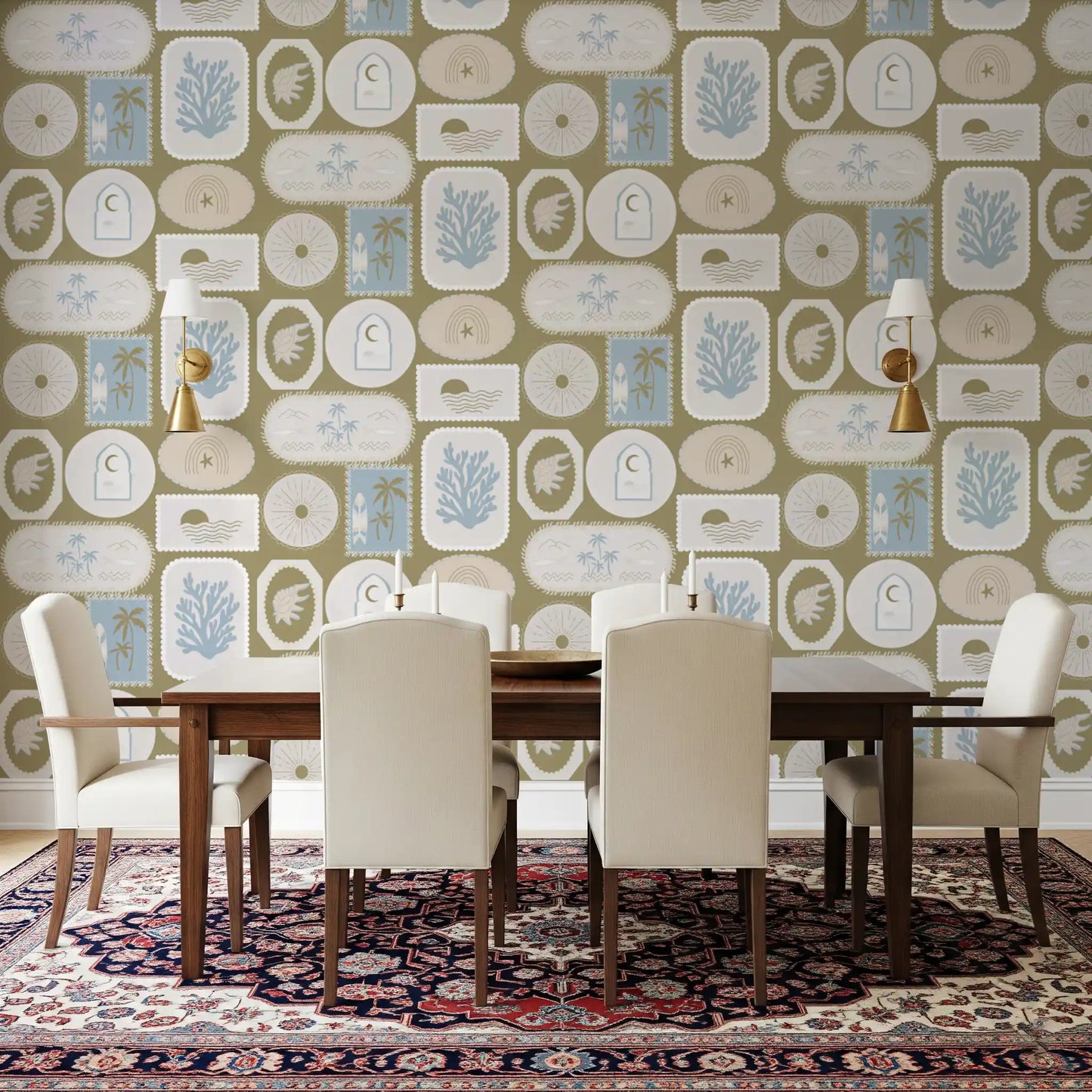 Dining room wallpaper with Olive Green Coastal Frame panels and palm scenes