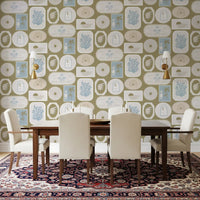 Dining room wallpaper with Olive Green Coastal Frame panels and palm scenes