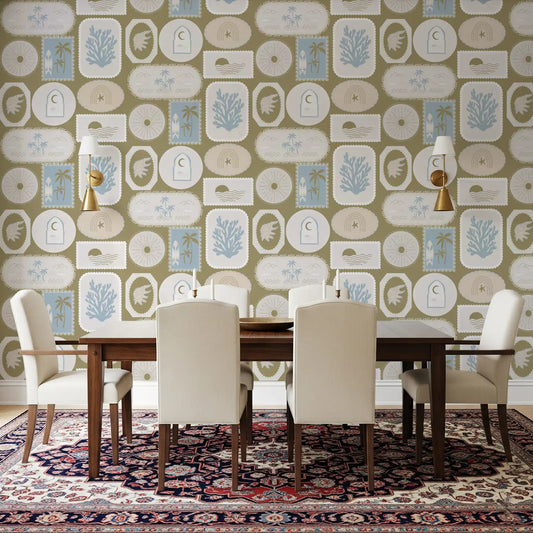 Dining room wallpaper with Olive Green Coastal Frame panels and palm scenes