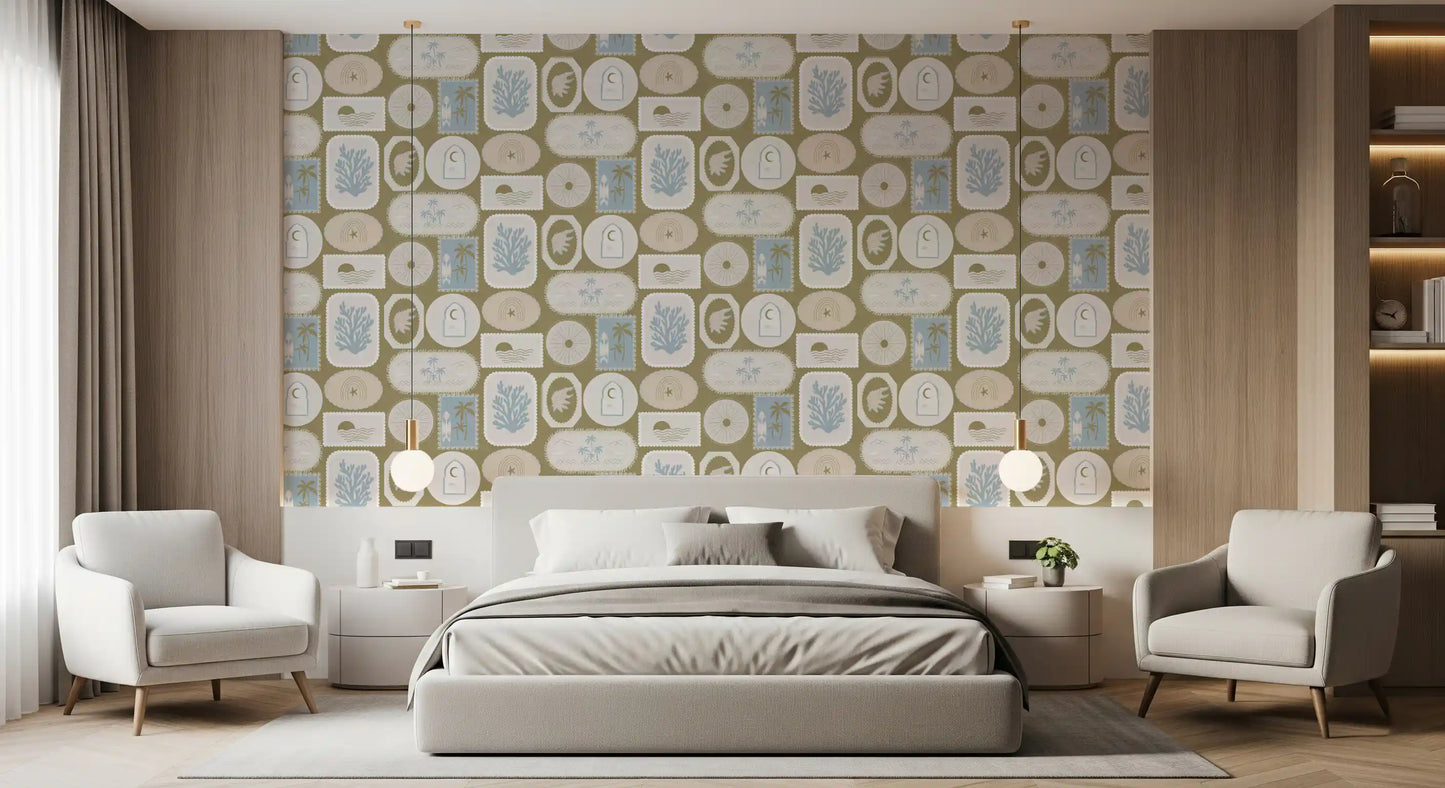 Bedroom wallpaper showing Boho Tropical Wallpaper with shell motifs