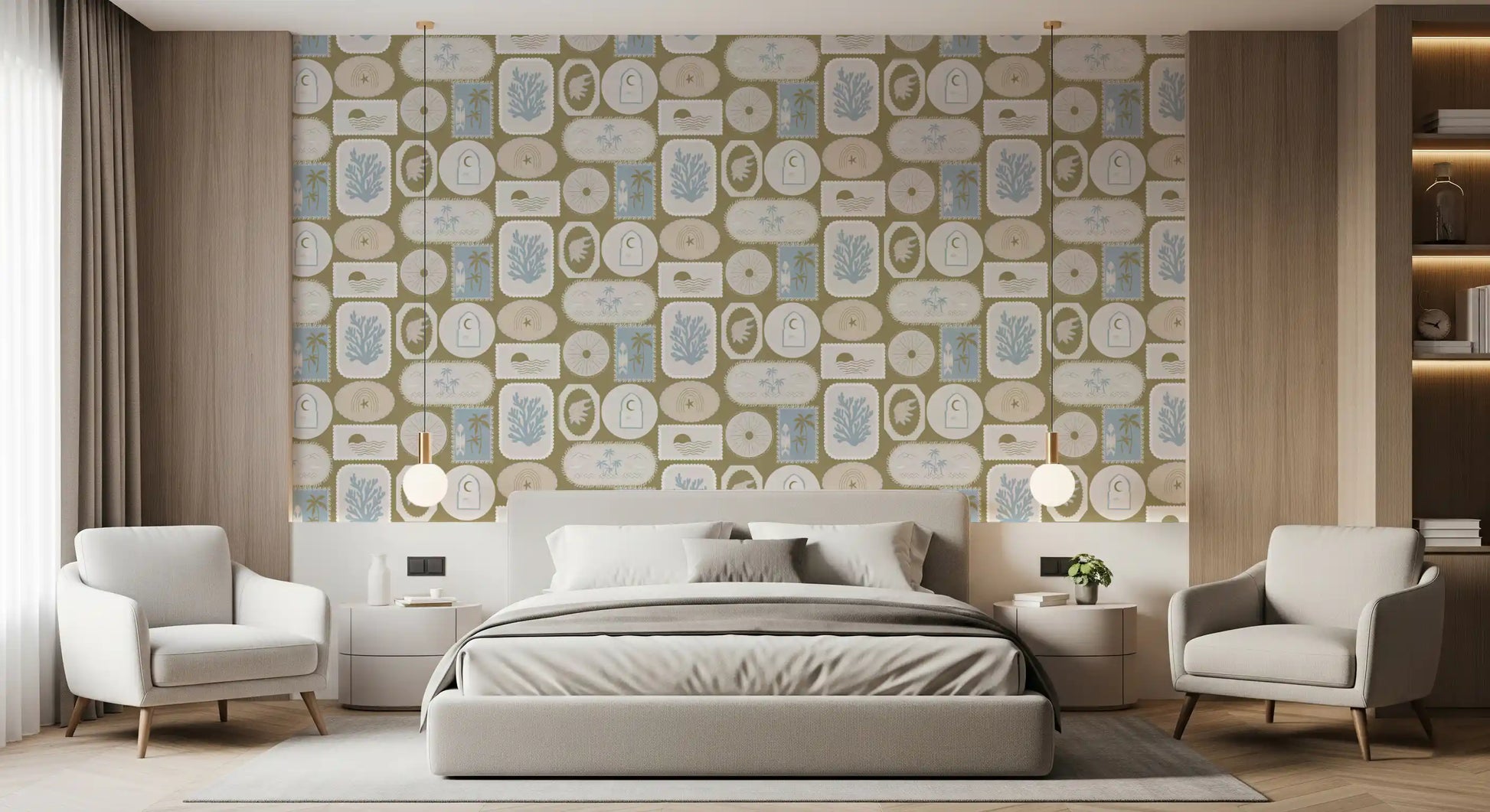Bedroom wallpaper showing Boho Tropical Wallpaper with shell motifs