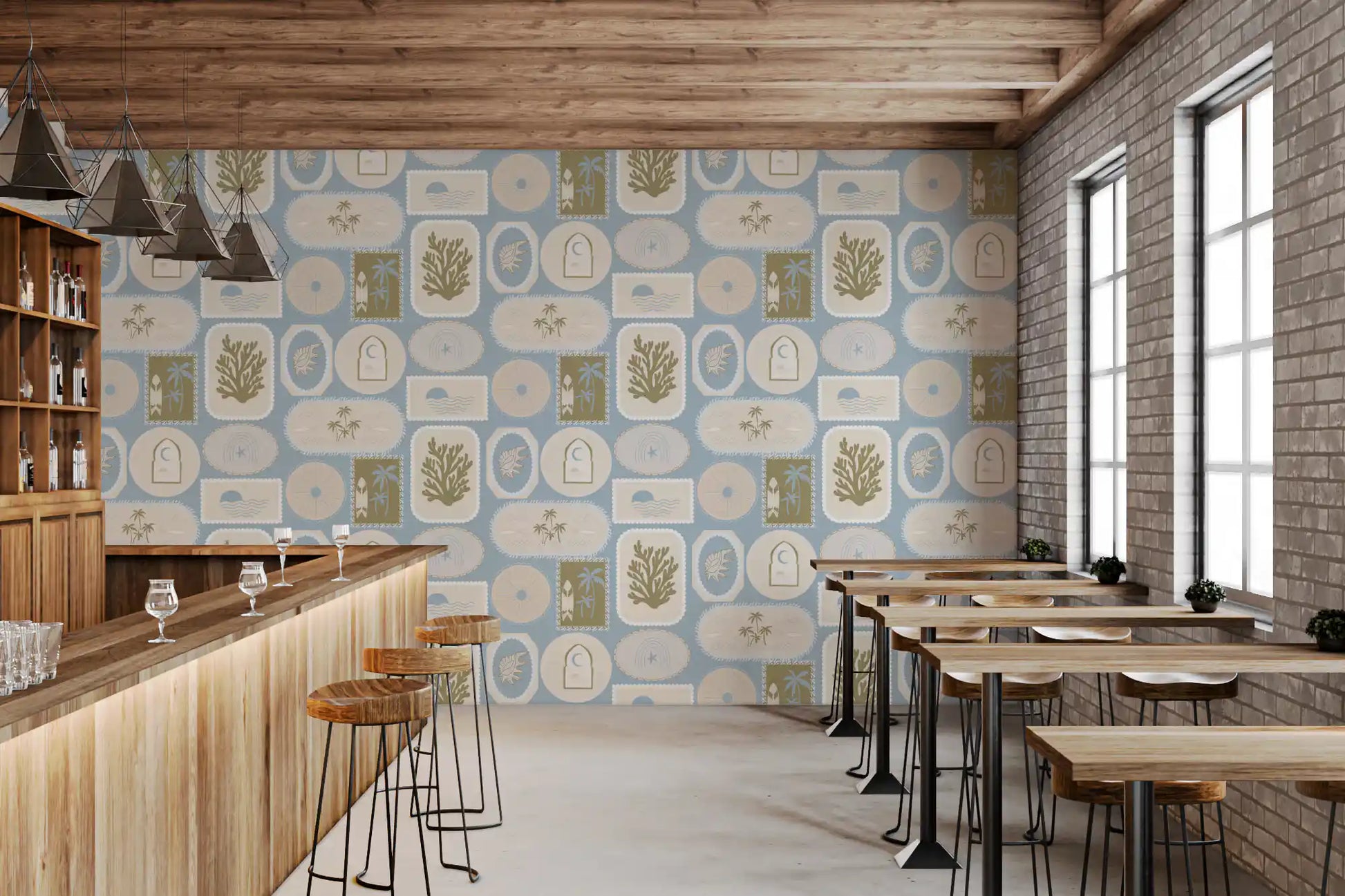 Cafe area with Boho Tropical wallpaper and playful seaside panel artwork