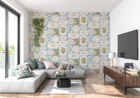 Living room featuring Tropical Wallpaper with palm, shell, and coral frames