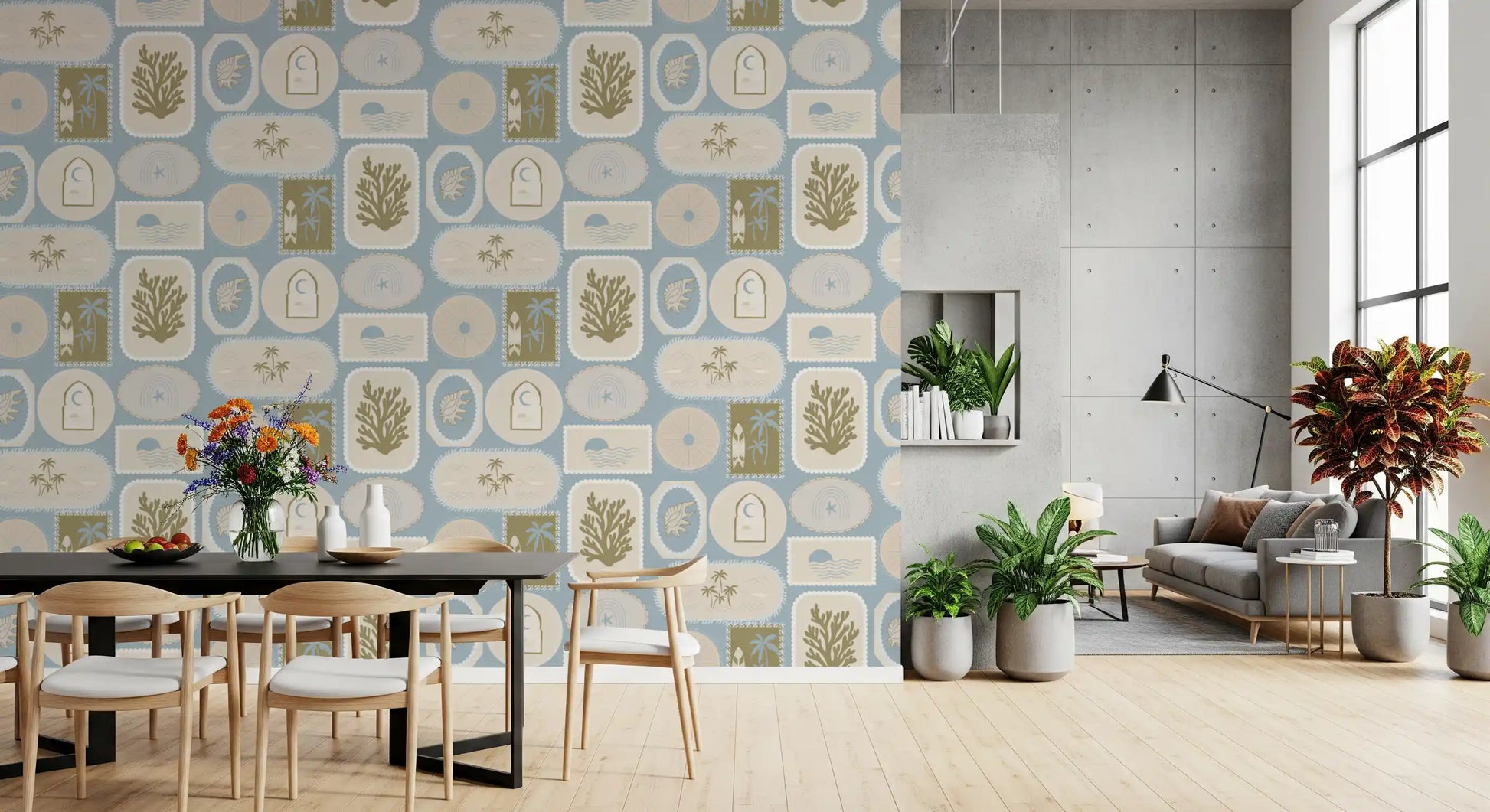 Dining room with Soft Blue Wallpaper showing coastal icons and soft panels