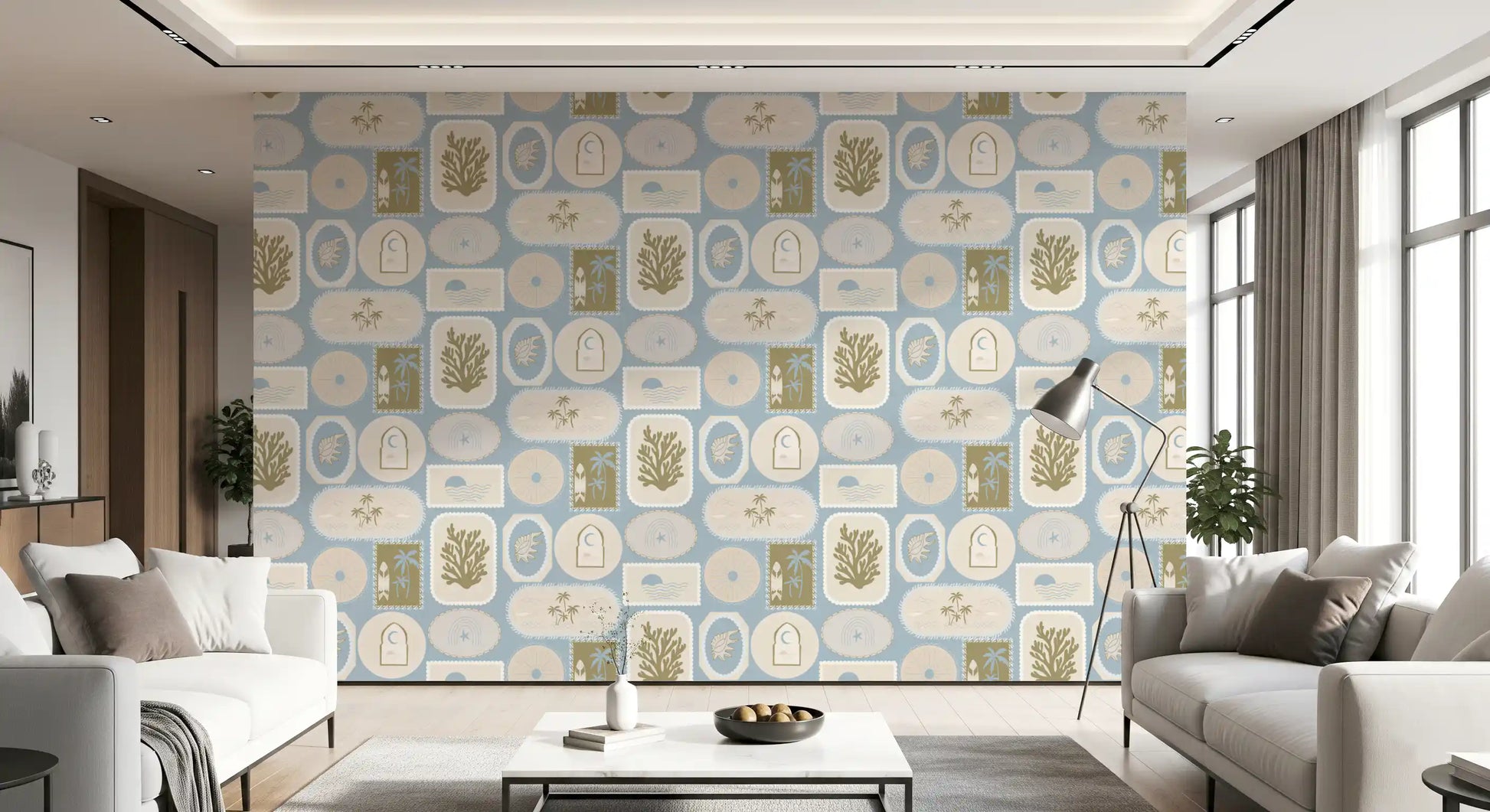 Living room using Coastal Frame wallpaper with calm blue tropical details