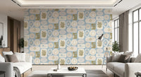 Living room using Coastal Frame wallpaper with calm blue tropical details