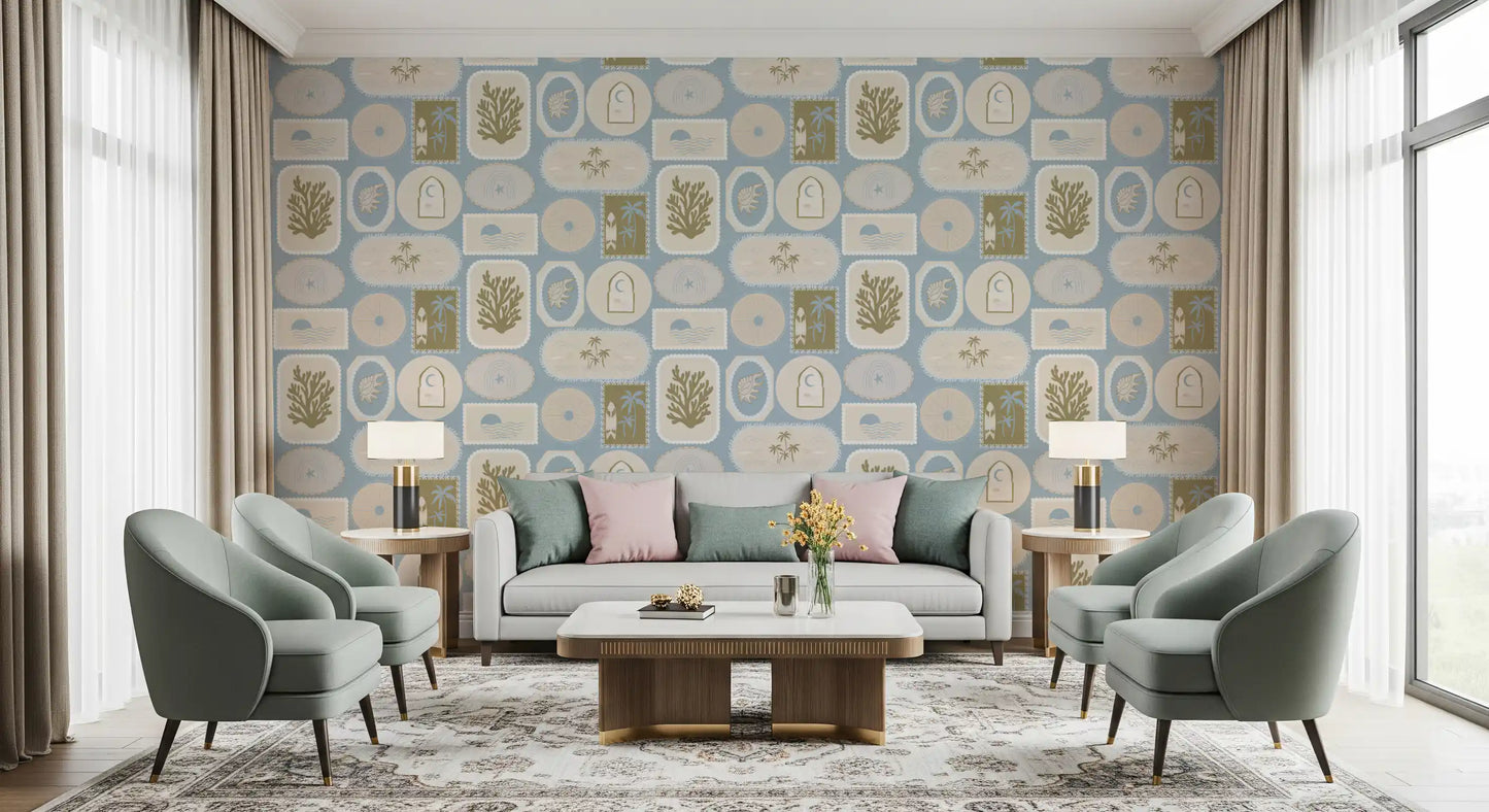 Living room using Boho Tropical Wallpaper with shell and wave frame details