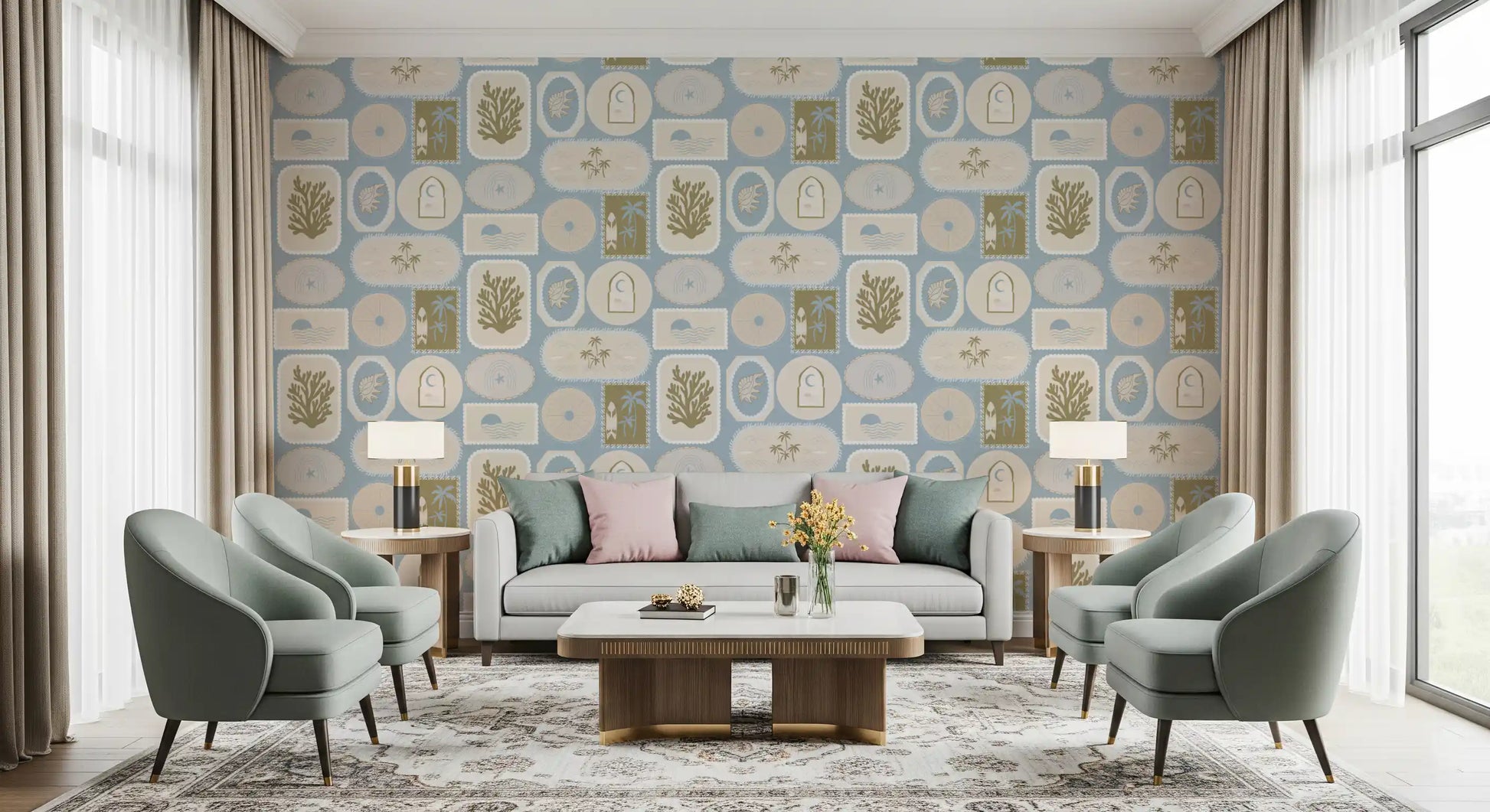 Living room using Boho Tropical Wallpaper with shell and wave frame details