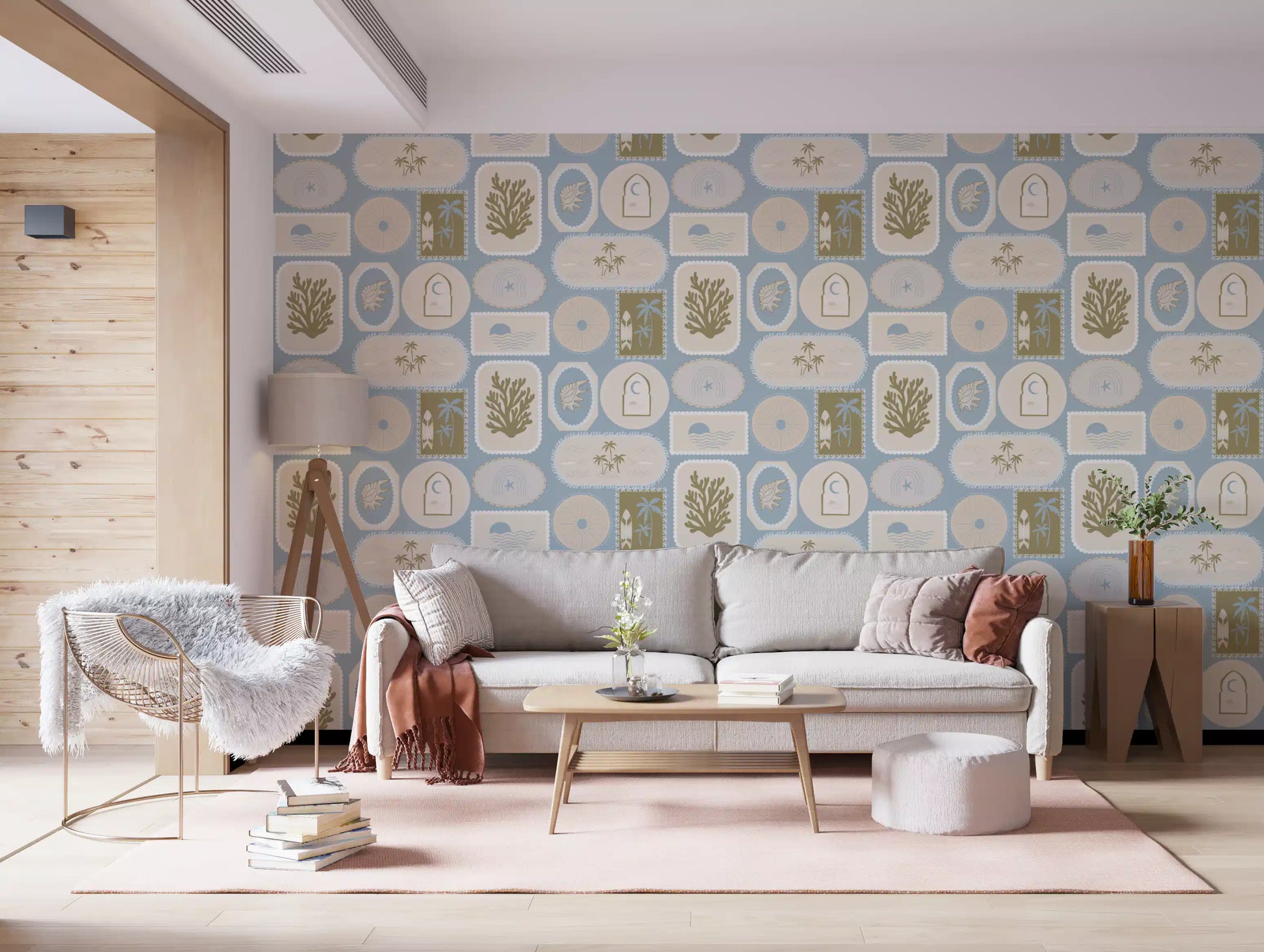  Home with Soft Blue Coastal Frame Wallpaper and airy beach symbols