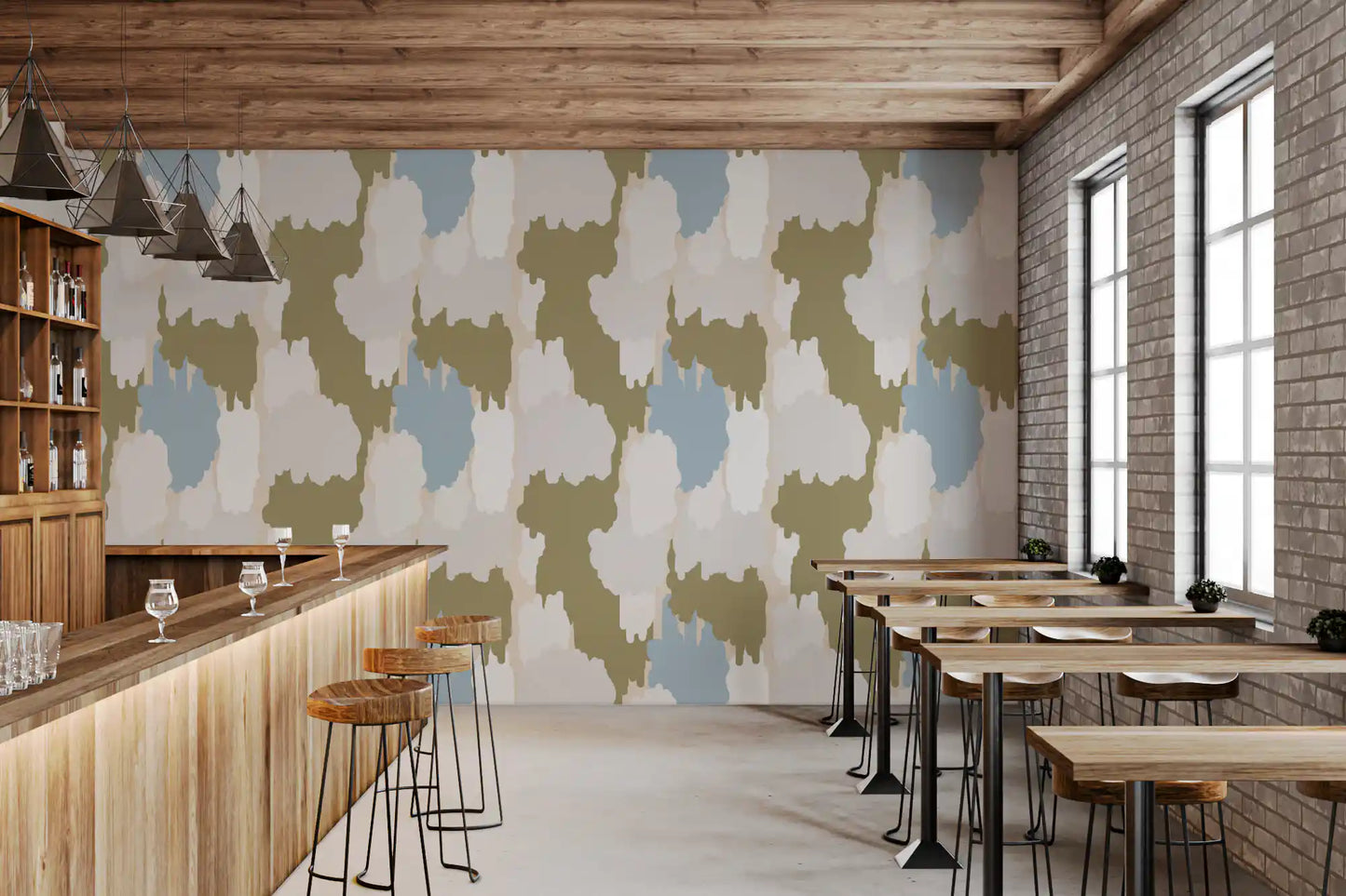 Olive Green Abstract Wallpaper with cream blocks and a pale blue accent