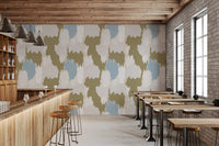Olive Green Abstract Wallpaper with cream blocks and a pale blue accent