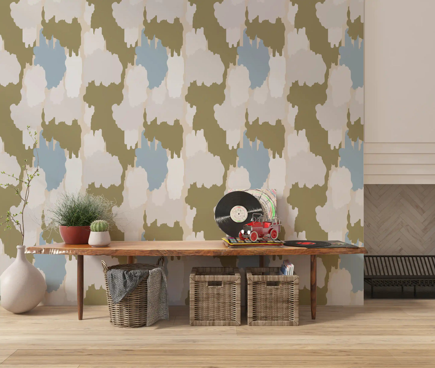 Home featuring green abstract wallpaper and muted painterly shapes