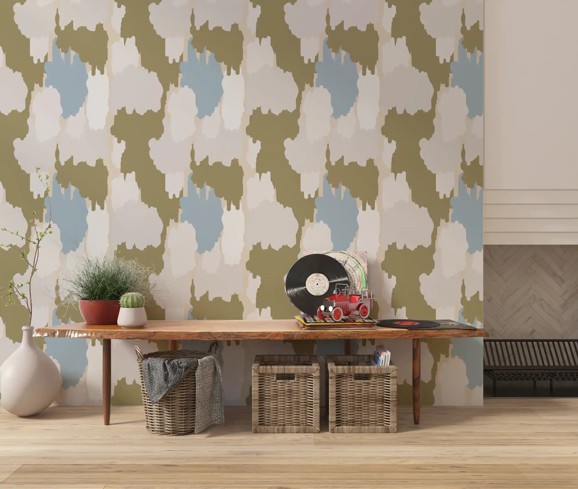 Home featuring green abstract wallpaper and muted painterly shapes