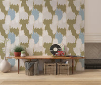 Home featuring green abstract wallpaper and muted painterly shapes