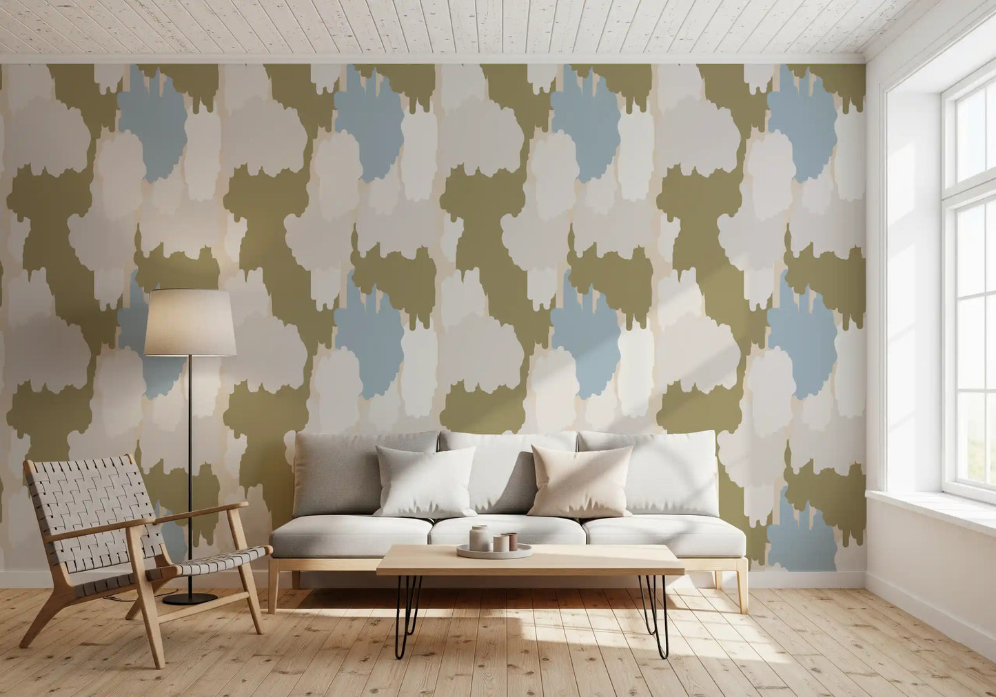 Boho coastal wallpaper with layered olive shapes and airy neutral contrast