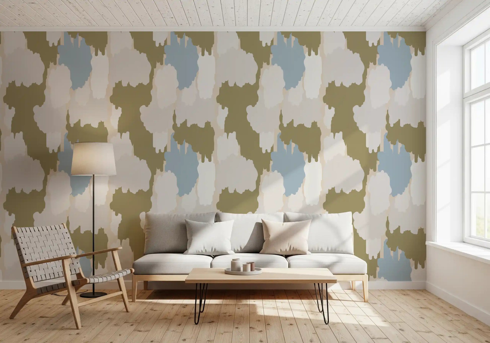 Boho coastal wallpaper with layered olive shapes and airy neutral contrast