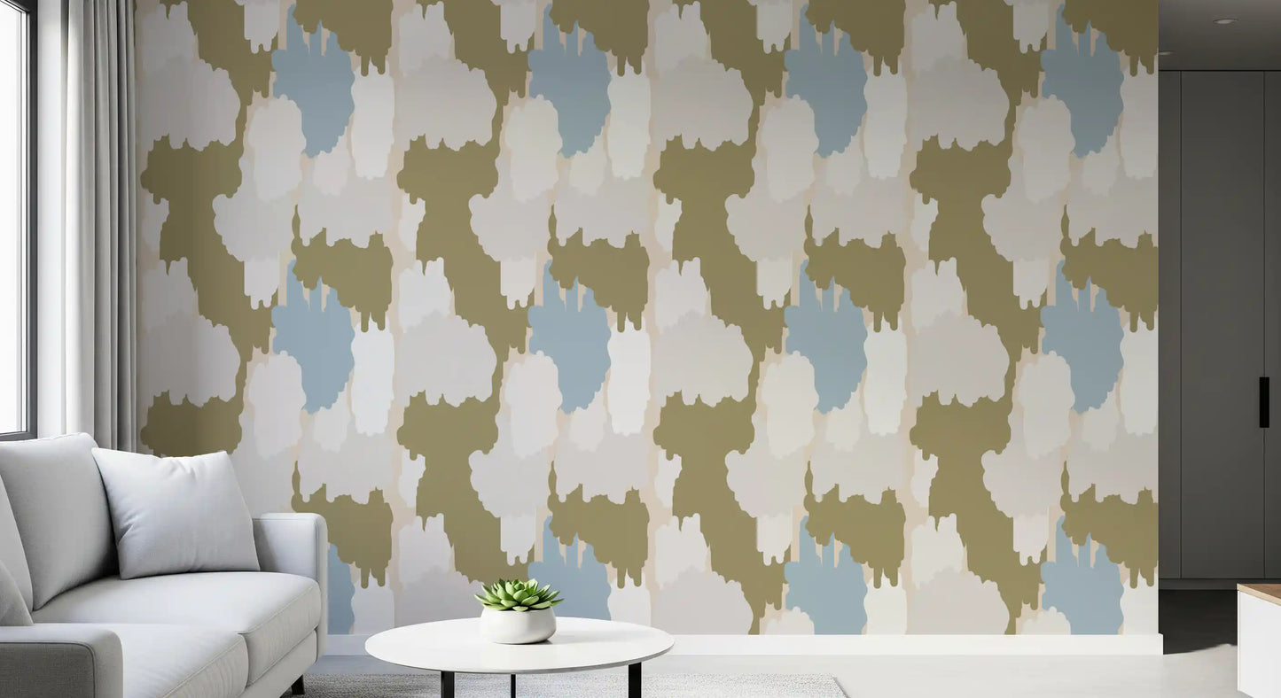 Olive abstract wallpaper with painterly forms and balanced colour blocking