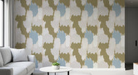Olive abstract wallpaper with painterly forms and balanced colour blocking