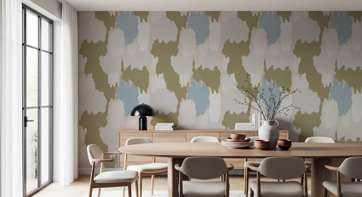 Dining room using Olive Green Wallpaper with soft abstract surface detail