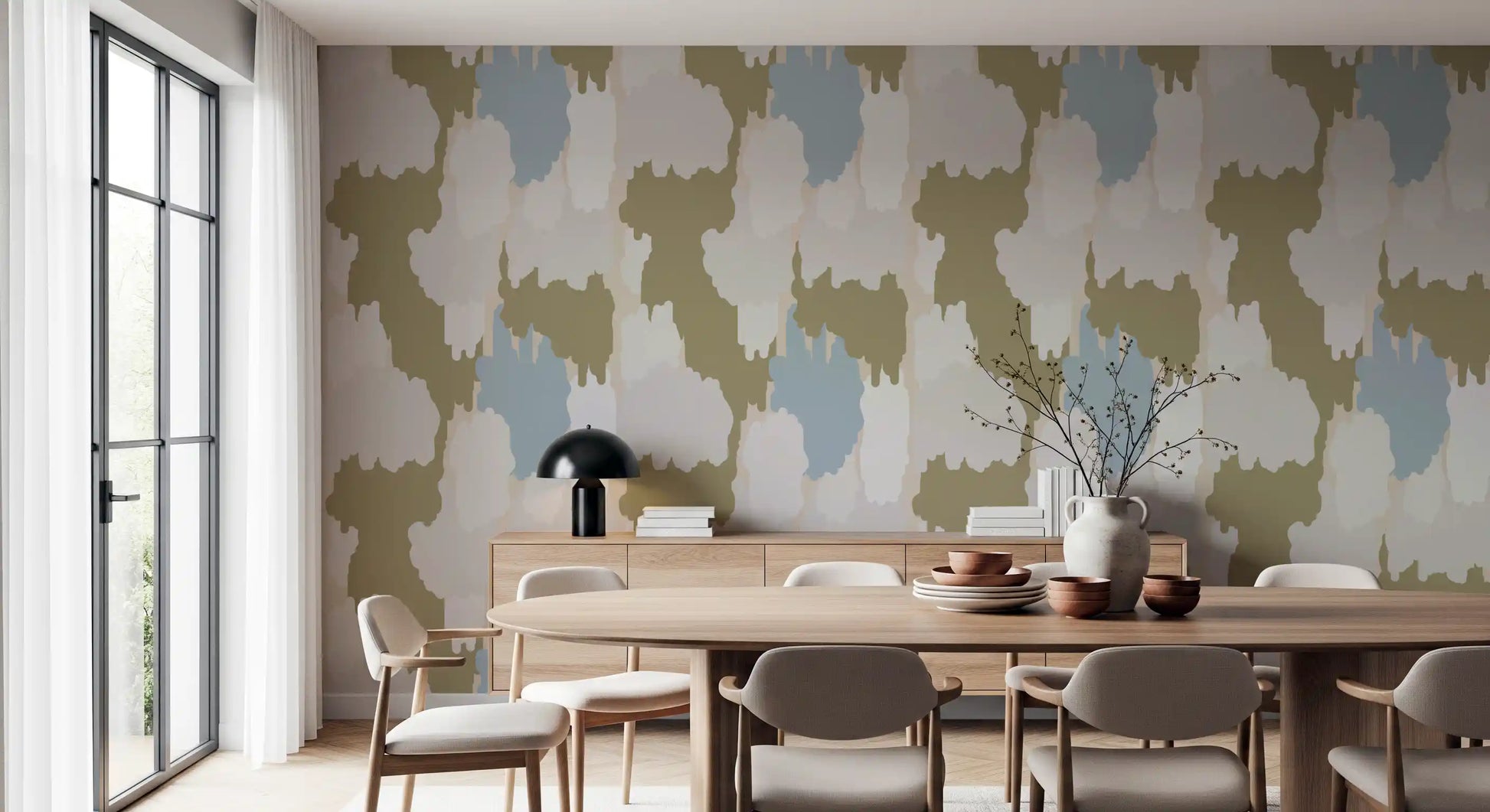 Dining room using Olive Green Wallpaper with soft abstract surface detail