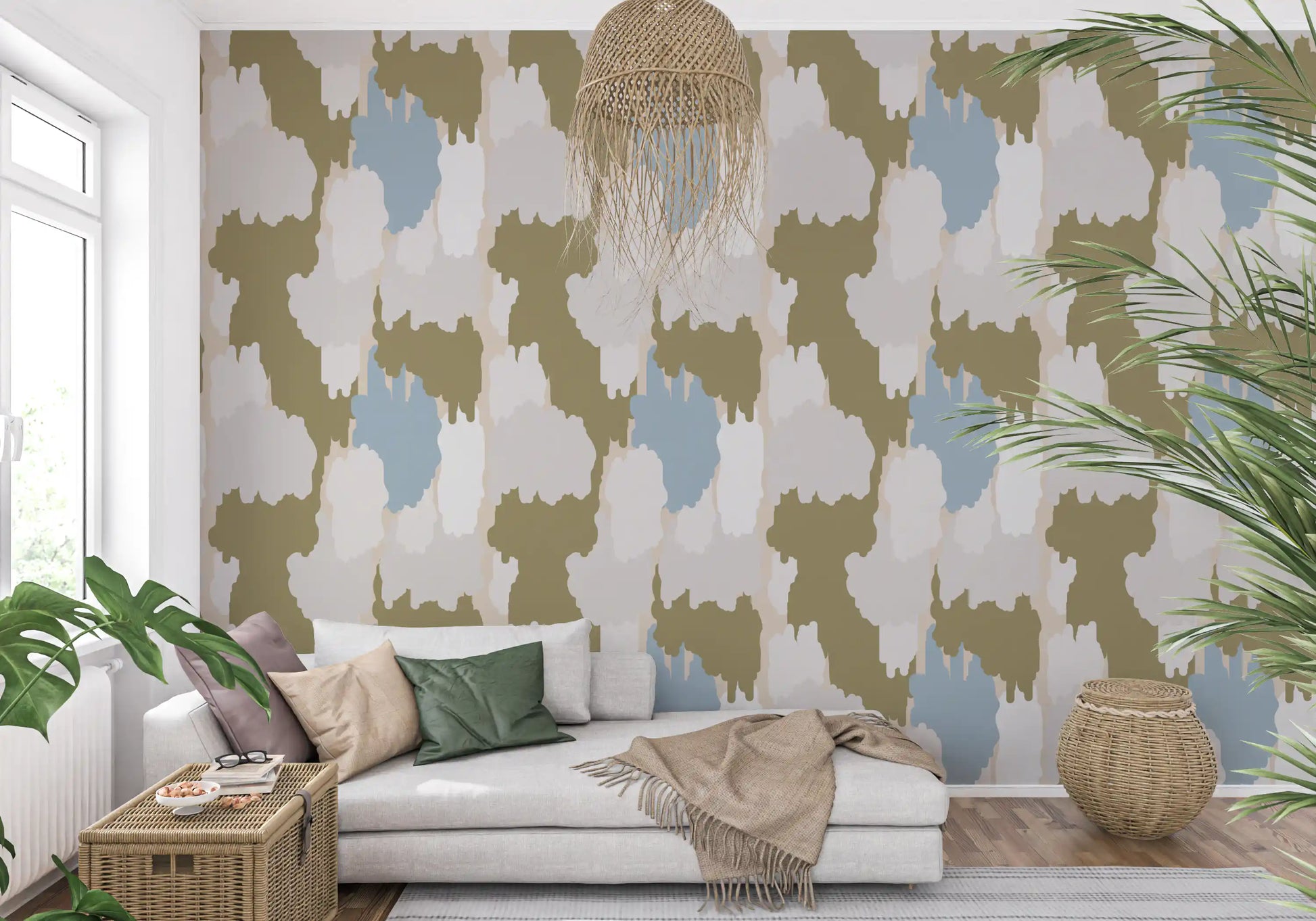 Soft abstract wallpaper showing olive forms and a relaxed coastal mood