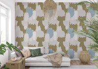 Soft abstract wallpaper showing olive forms and a relaxed coastal mood