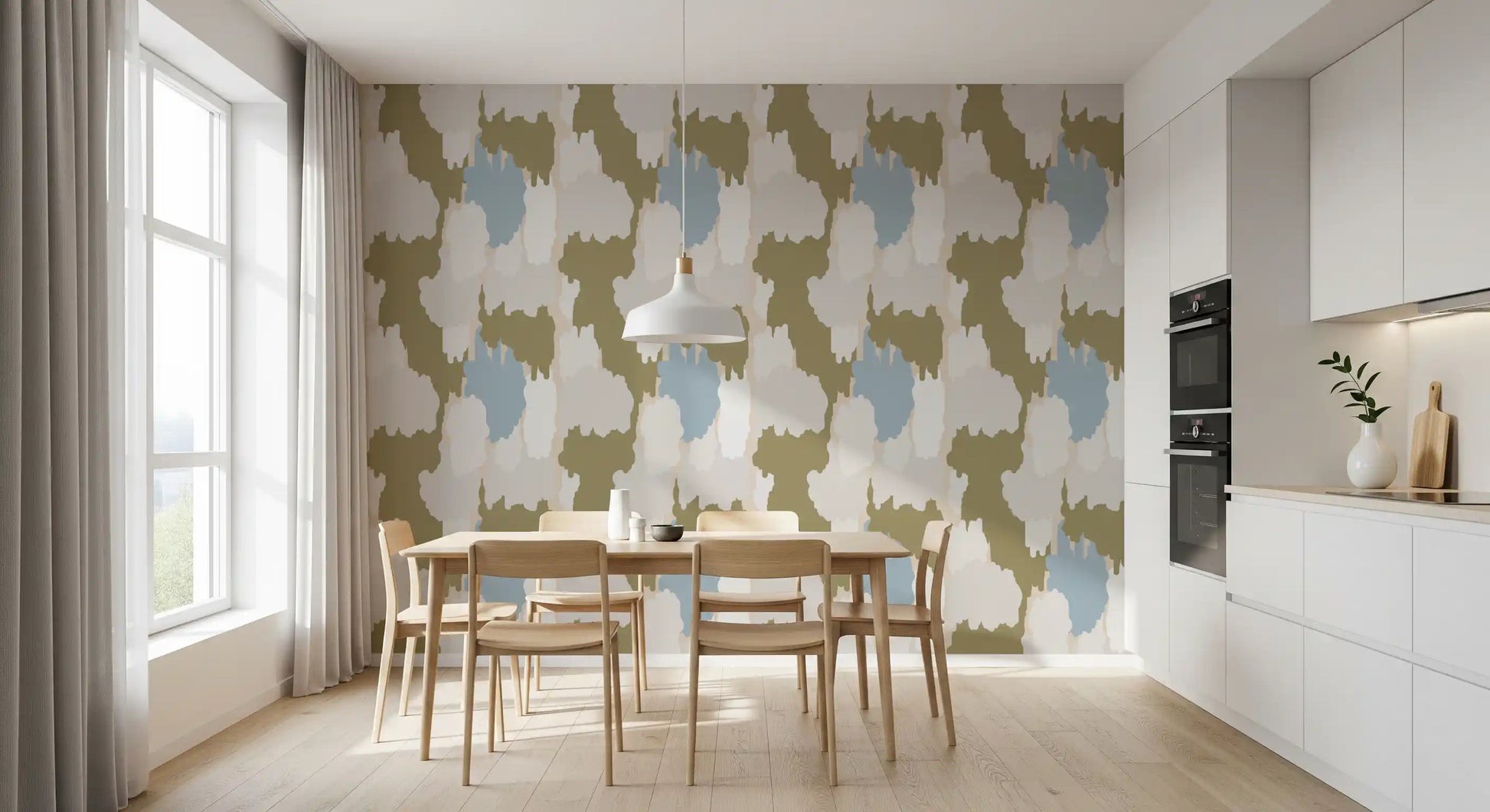 Muted green wallpaper pattern with abstract sections and gentle flow