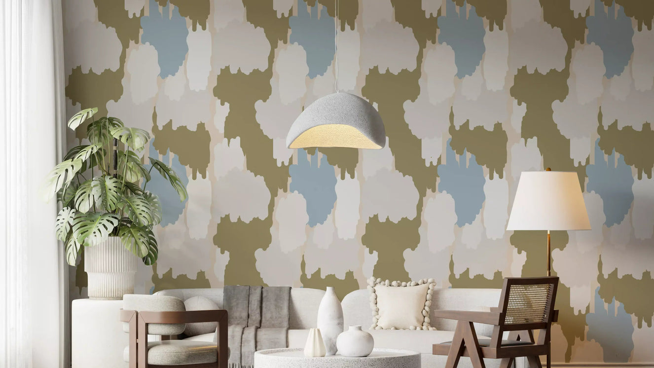 Living room wall with Olive Green Abstract Wallpaper and soft layered colour