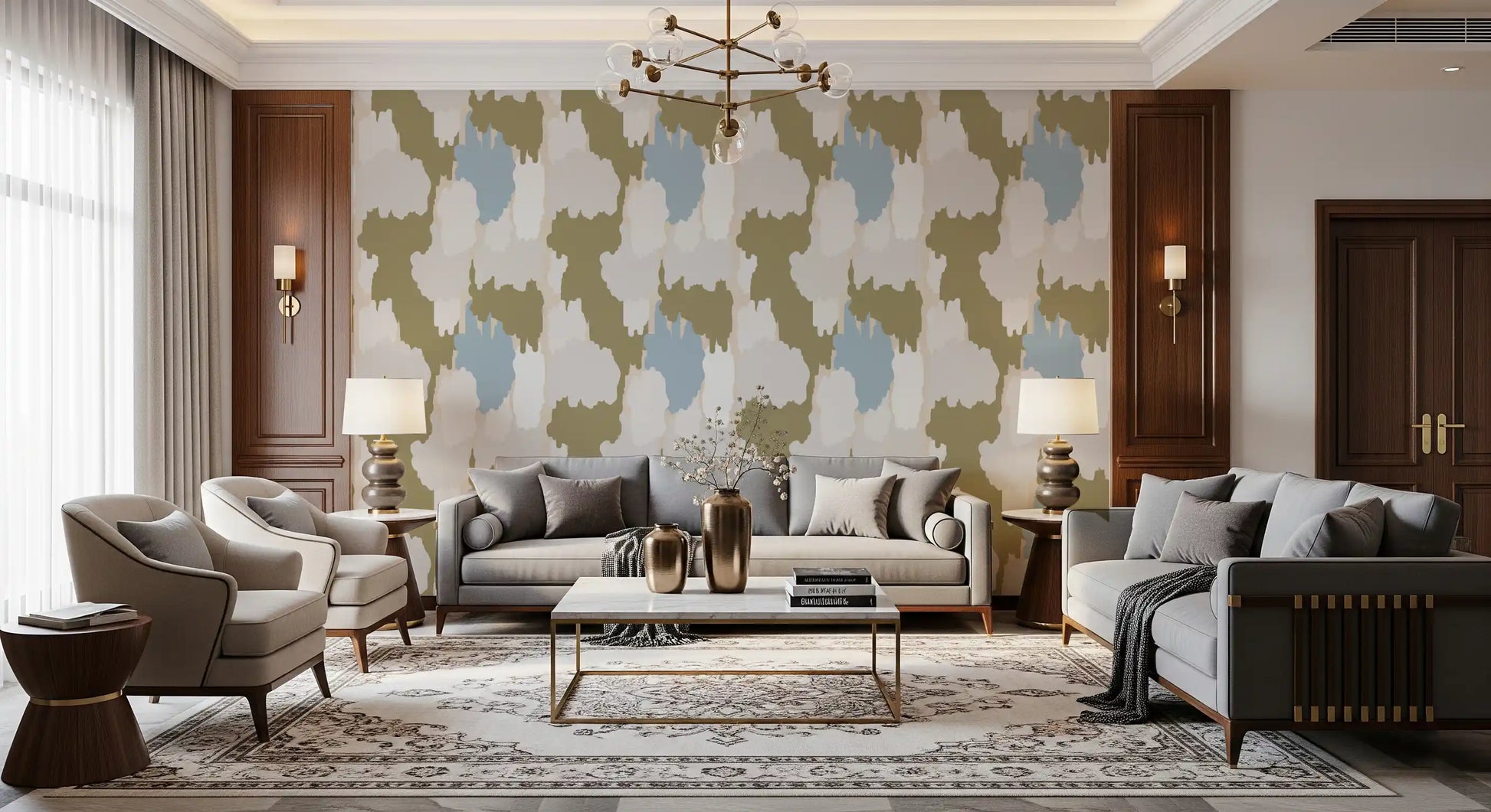 Layered coastal wallpaper artwork with olive, cream, and pale blue tones