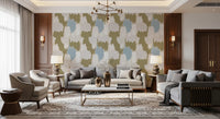 Layered coastal wallpaper artwork with olive, cream, and pale blue tones