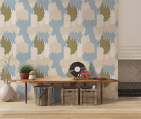 Abstract wallpaper with cream, olive, and blue organic painted shapes