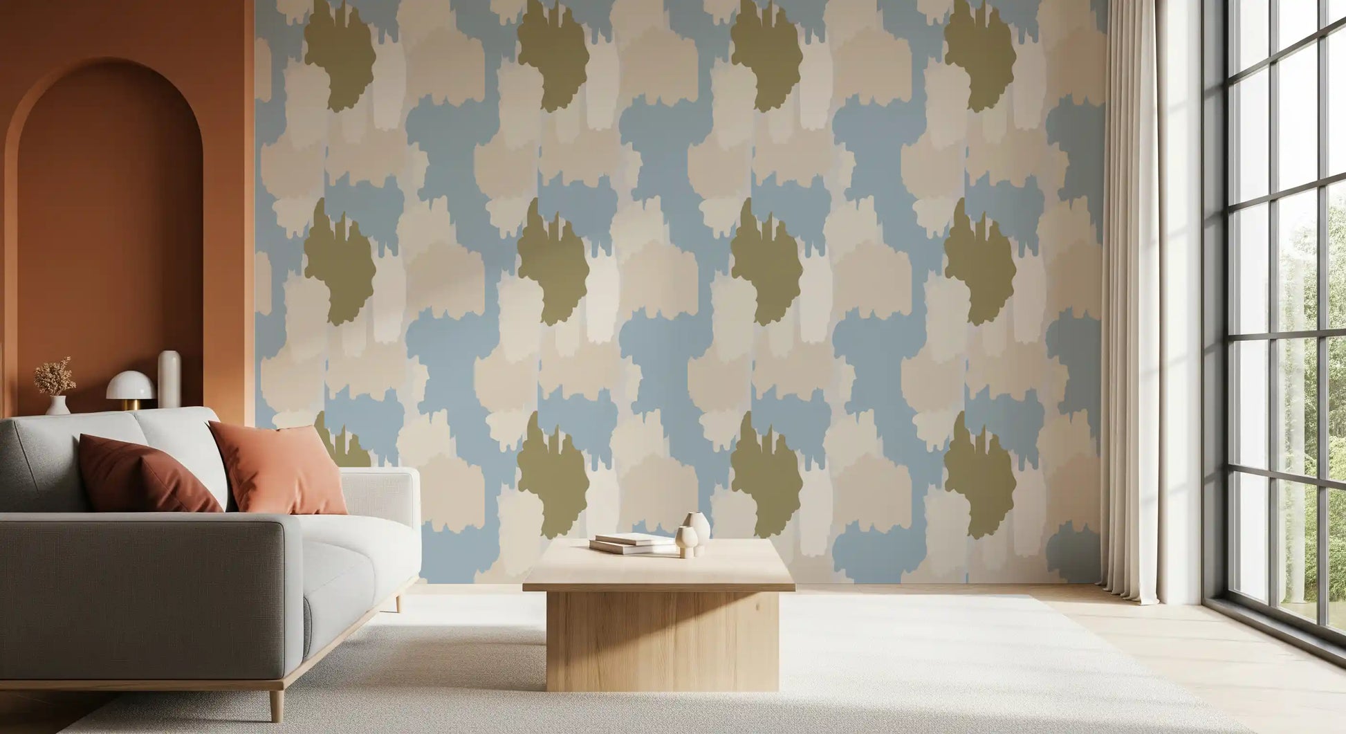 Blue pattern wallpaper with freeform blocks and light neutral balance