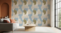 Blue pattern wallpaper with freeform blocks and light neutral balance