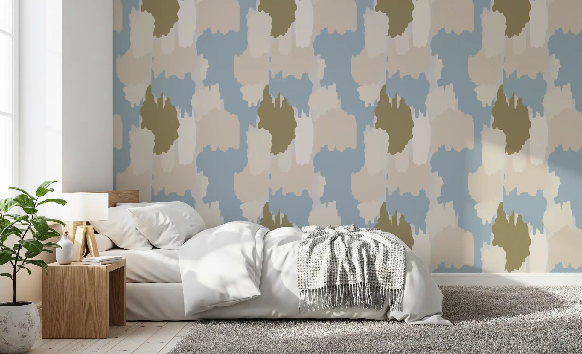 Bedroom wallpaper with airy abstract forms and gentle coastal tones