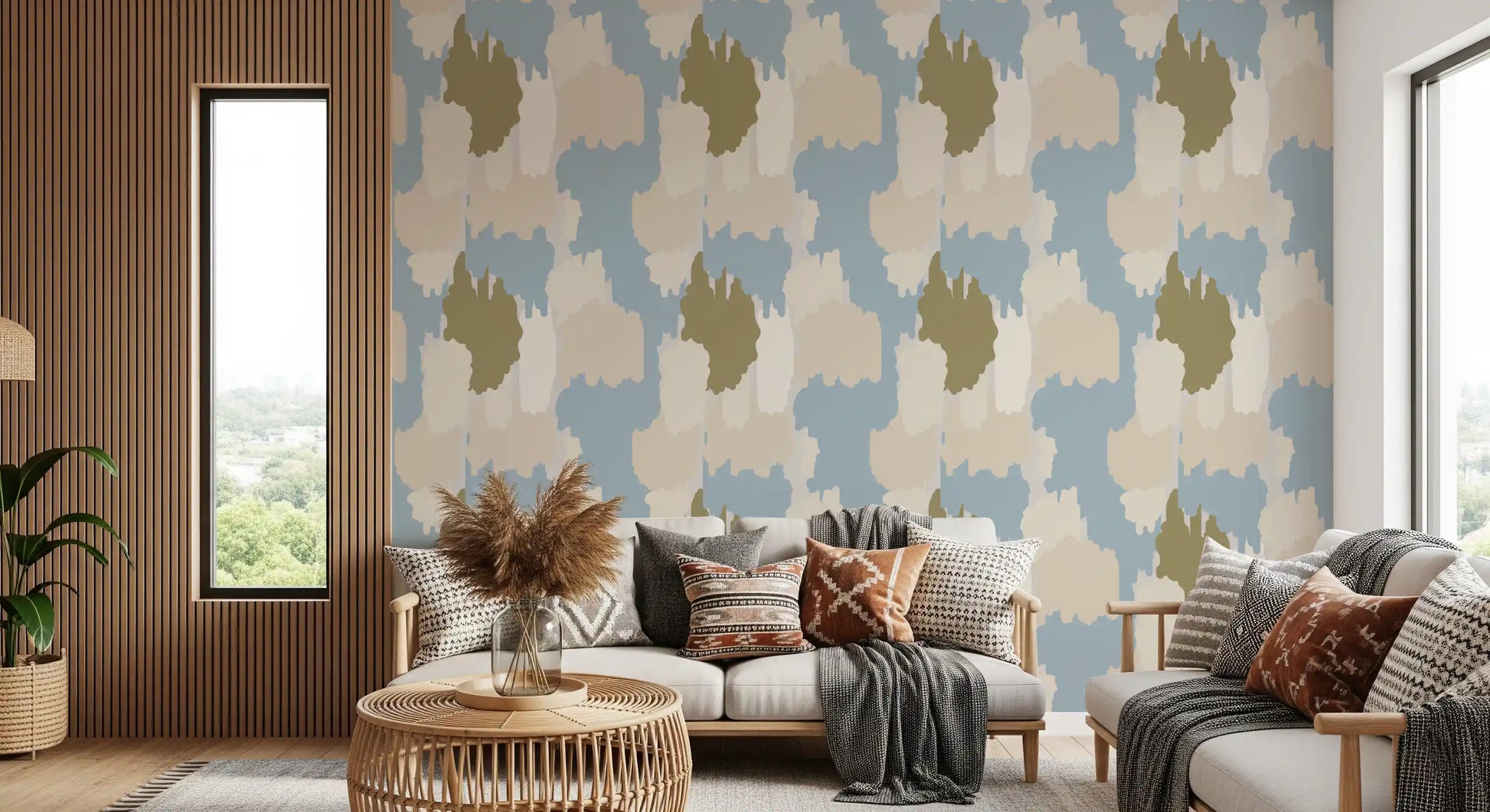 Hallway wallpaper featuring soft cream layers on a muted blue background