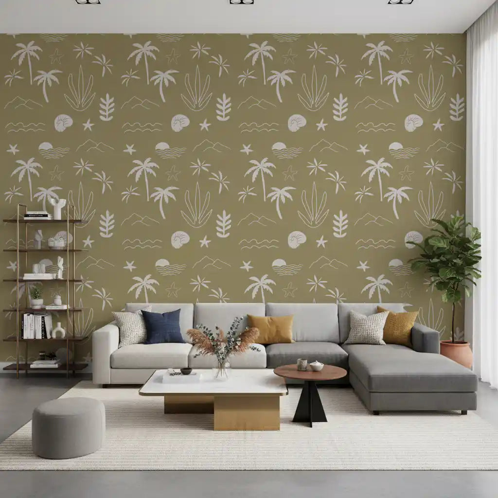 Living room wall showing Olive Tropical Icon Wallpaper with shell and wave motifs